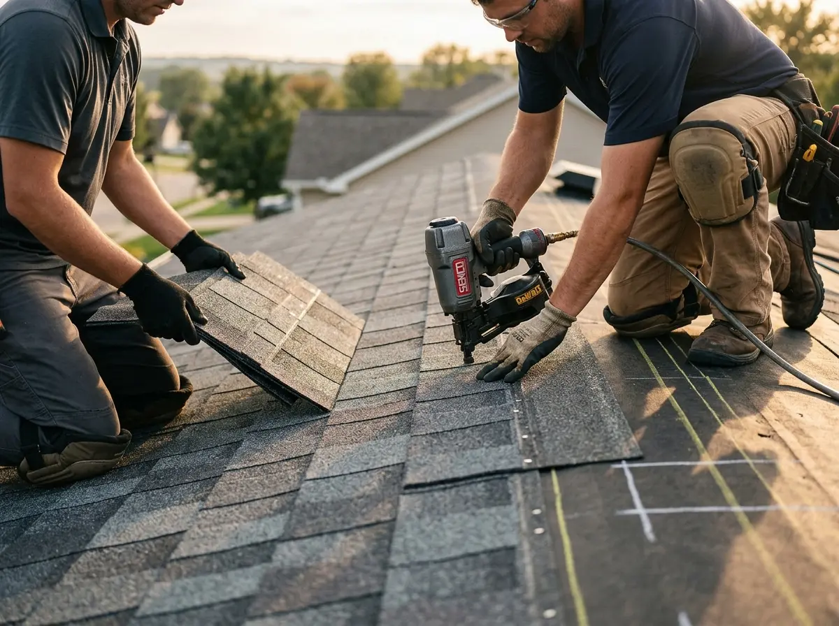 Professional roofer working on a residential roof in New Kingman-Butler